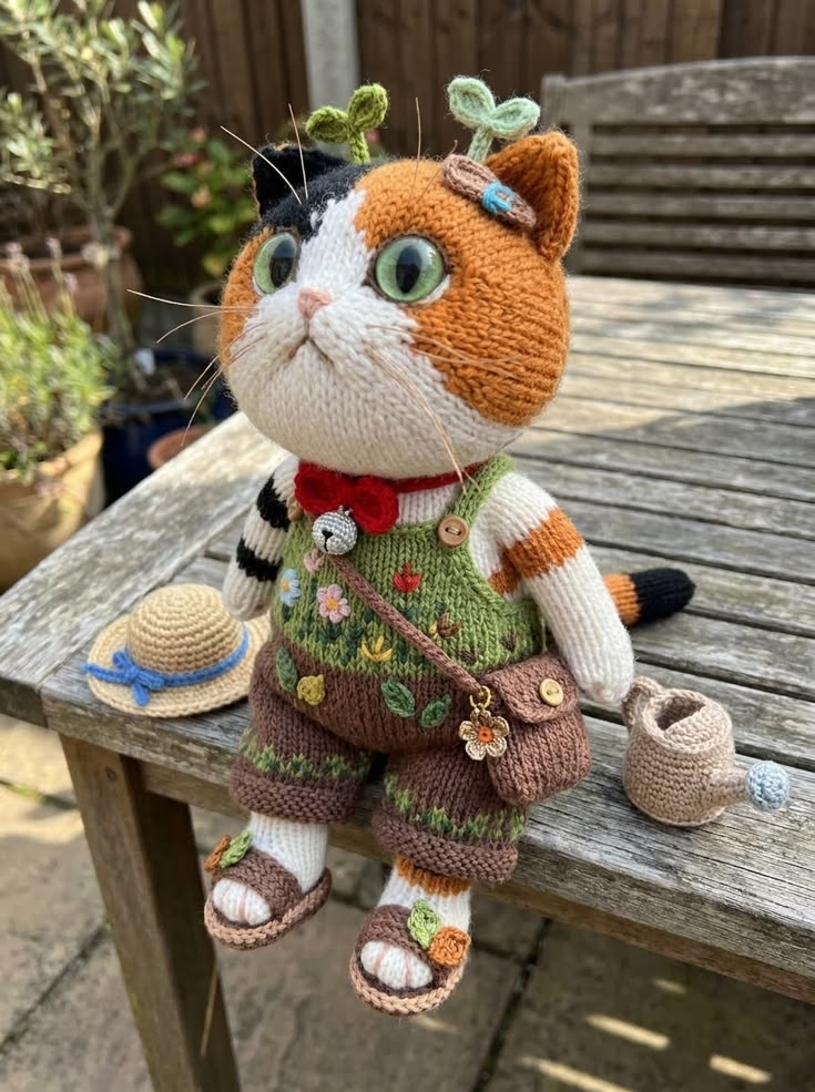 Calico Garden Cat in Floral Overalls Free Knitting Pattern