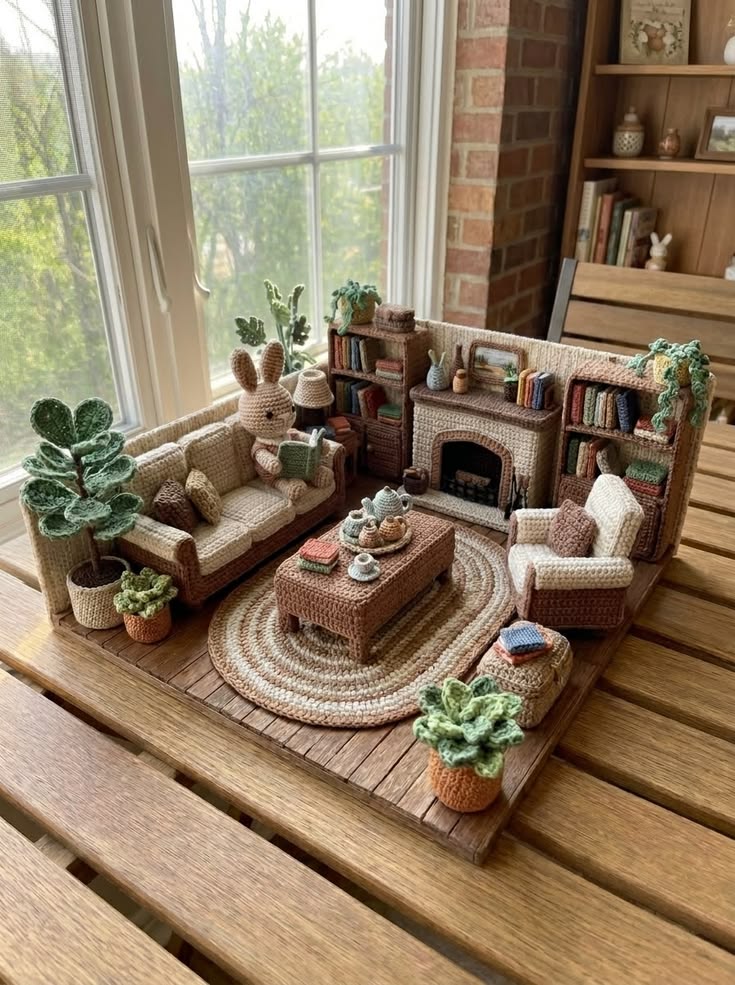 Cozy Bunny Living Room Miniature Diorama Free Crochet Pattern