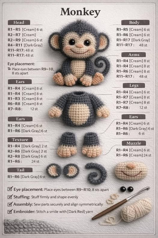 Crochet Monkey Amigurumi Pattern, Stuffed Animal Toy
