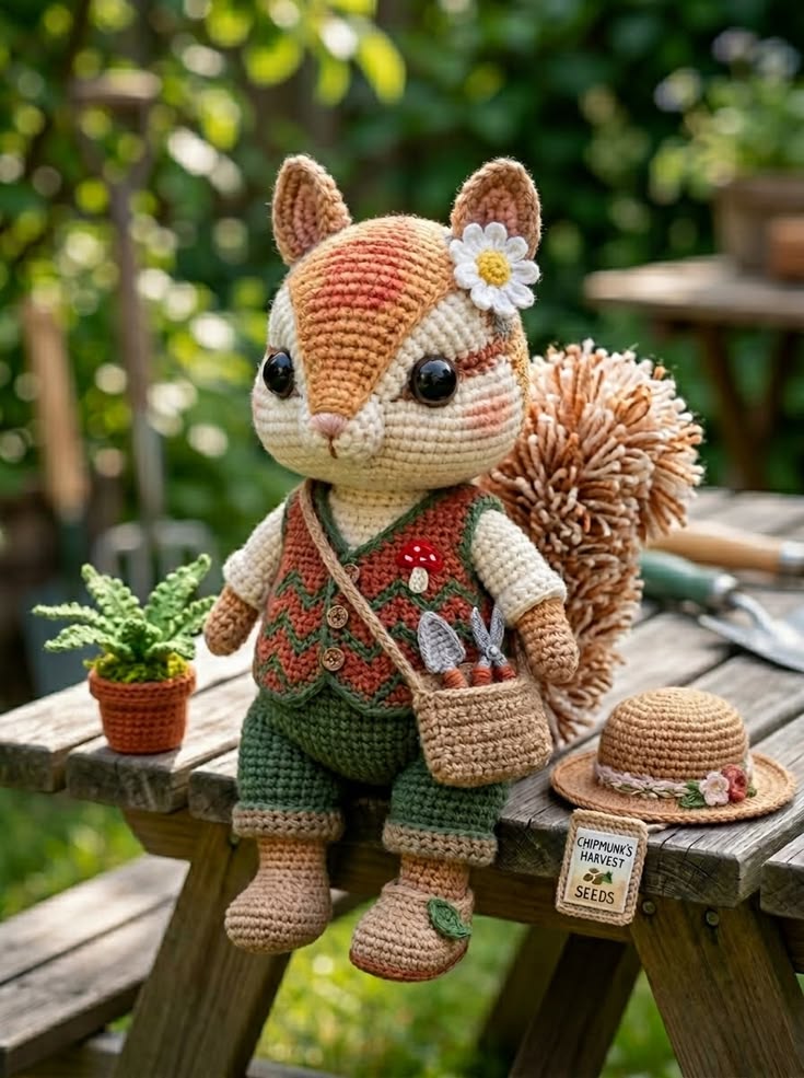 Crochet Tutorial Harvest Chipmunk Gardener in Chevron Vest with Tool Satchel and Flower Hat Free Crochet Pattern
