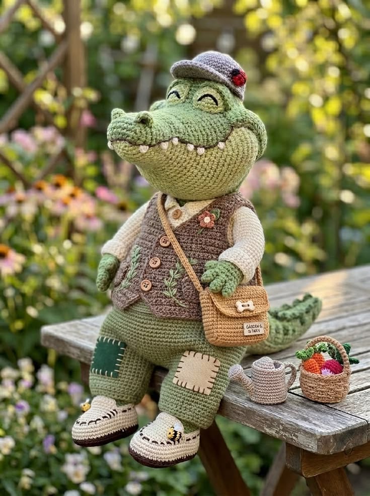 Crocodile Gardener in Embroidered Vest with Patchwork Pants and Vegetable Basket – Free Crochet Pattern