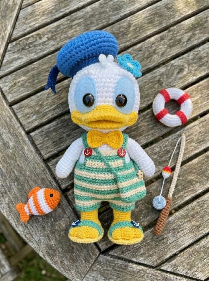 Donald Duck in Sailor Outfit and Striped Overalls Free Crochet Pattern