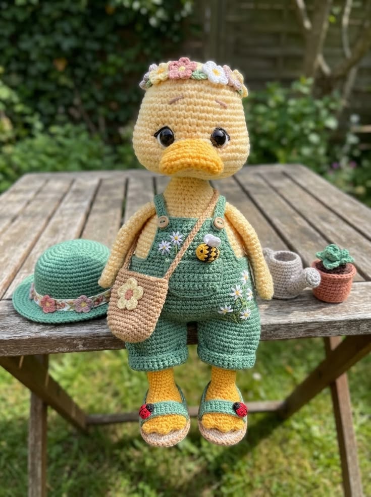 Duck in Green Floral Overalls – Free Crochet Pattern