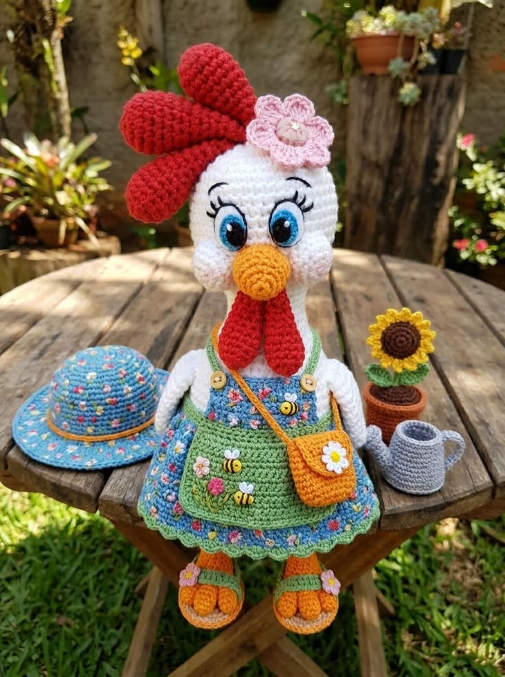 Flower Garden Hen with Sun Hat Free Crochet Pattern