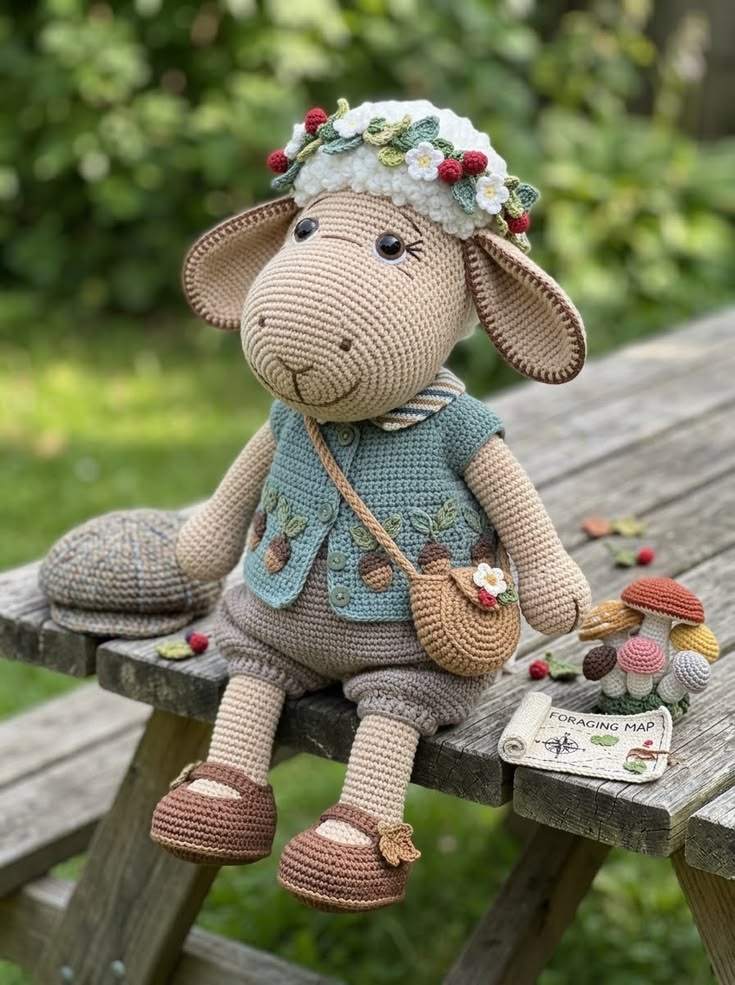 Foraging Lamb in Blue Vest with Flower Crown Free Crochet Pattern