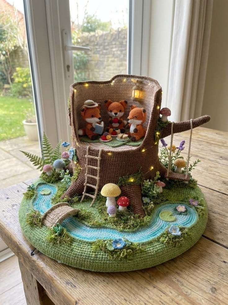 Fox Family Tree Stump House Diorama Free Crochet Pattern
