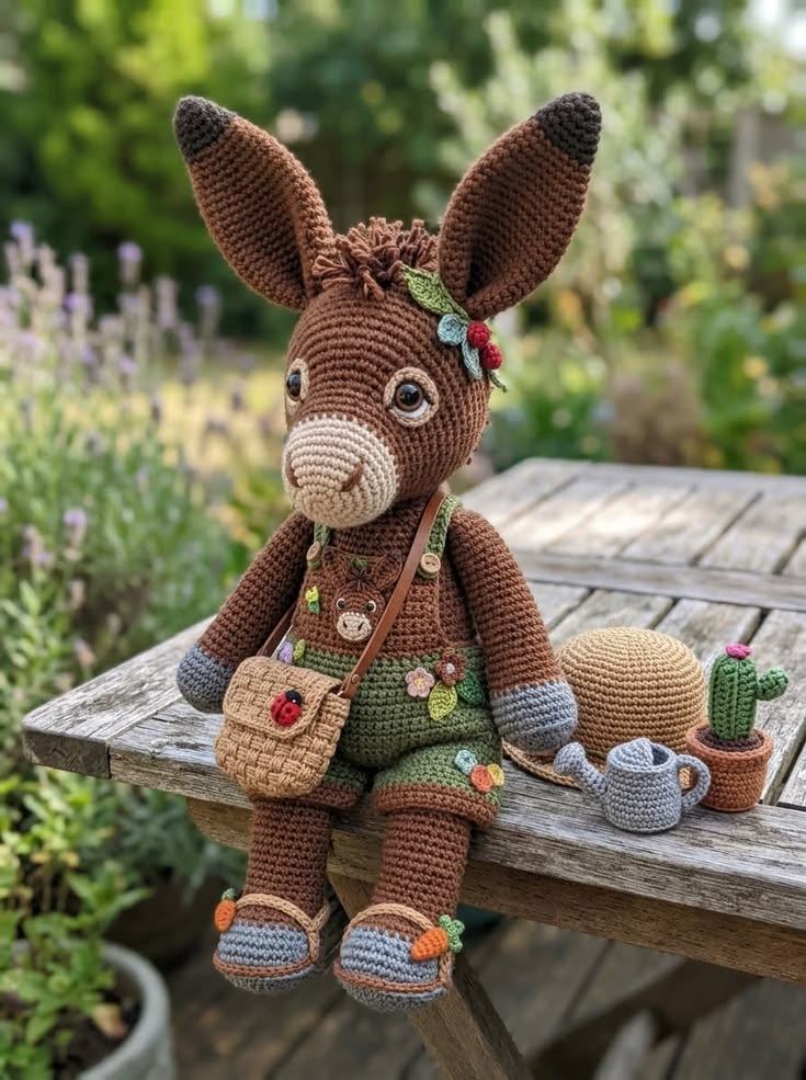 Garden Donkey in Floral Overalls with Ladybug Satchel and Watering Can – Free Crochet Pattern