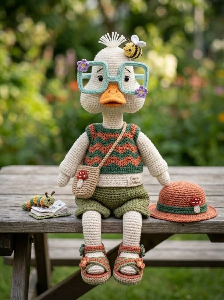Garden Duck in Chevron Vest with Oversized Glasses and Mushroom Sun Hat Free Crochet Pattern