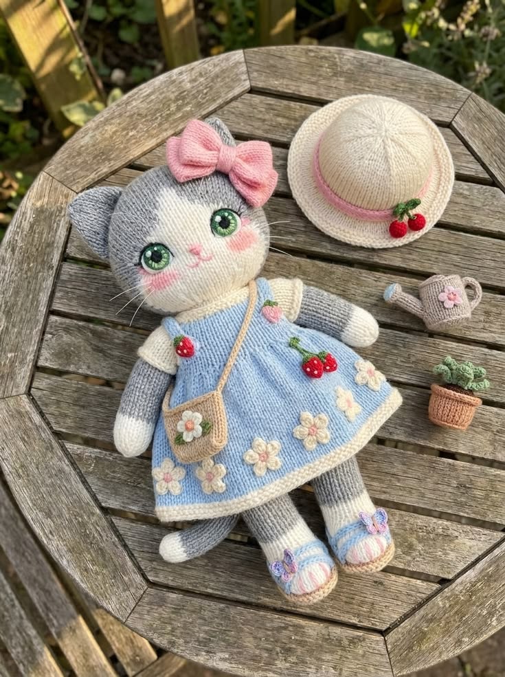 Garden Kitten in Blue Floral Dress and Pink Bow Free Knitting Pattern