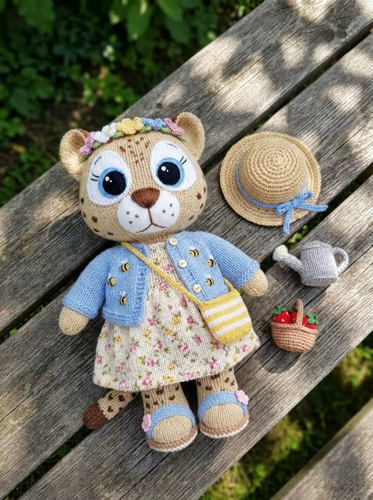 Garden Leopard Cub in Floral Dress and Bee Jacket Free Knitting Pattern