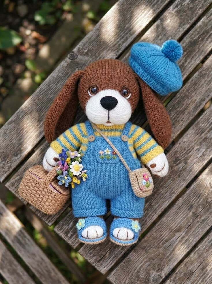 Garden Puppy in Blue Overalls and Pom-Pom Beret Free Knitting Pattern