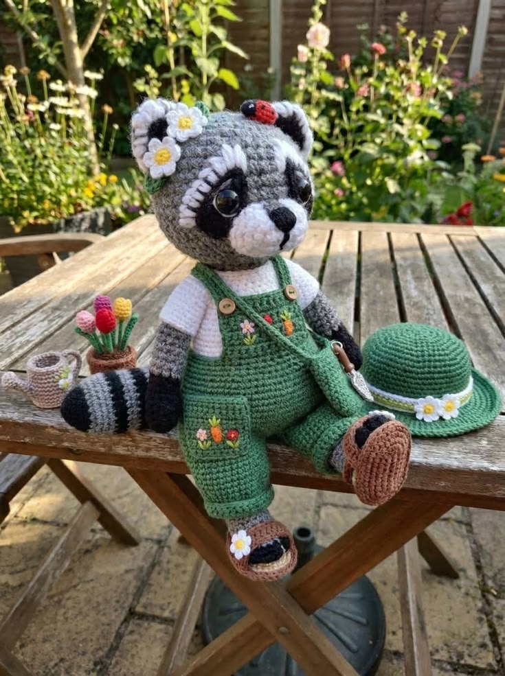 Garden Raccoon in Green Overalls – Free Crochet Pattern