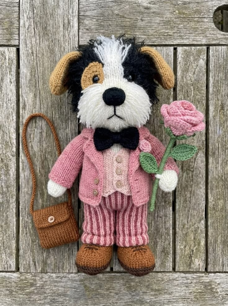 Gentleman Puppy in Pink Suit with Rose Free Knitting Pattern