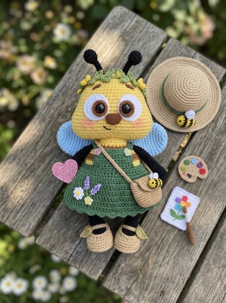 Honey Bee Girl in Green Garden Dress Free Crochet Pattern