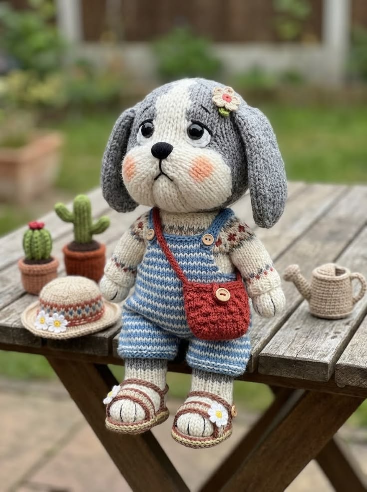 Little Bunny in Striped Overalls and Red Crossbody Bag Free Knitting Pattern