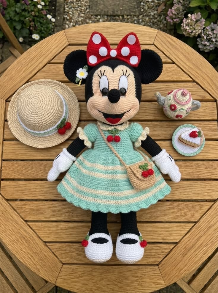 Minnie Mouse in Mint Cherry Dress with Tea Party Accessories Free Crochet Pattern