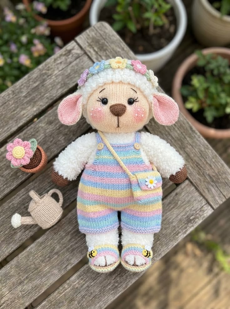 Pastel Garden Lamb in Striped Overalls and Flower Crown Free Knitting Pattern