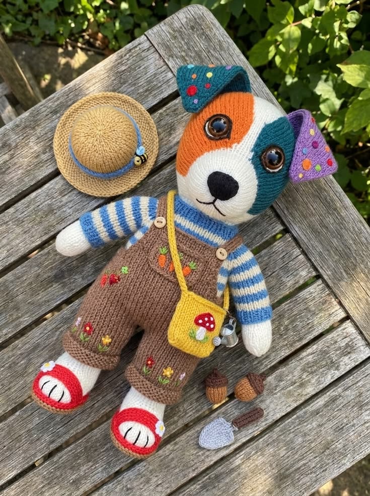 Patchwork Puppy in Garden Overalls and Striped Sweater