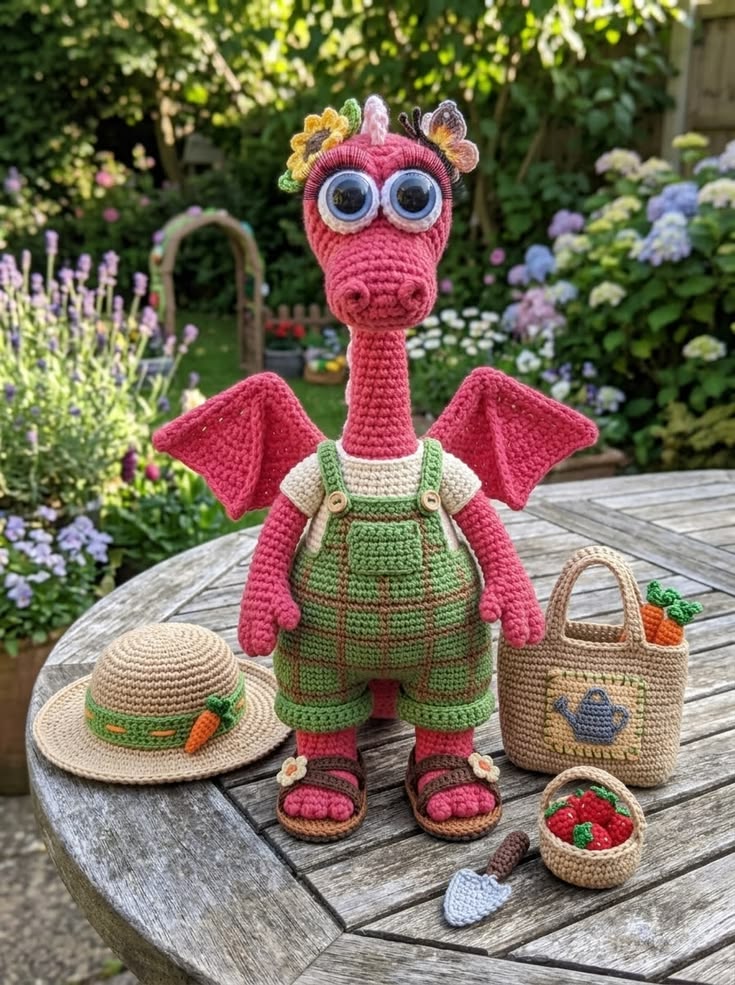 Pink Garden Dragon in Plaid Overalls Free Crochet Pattern