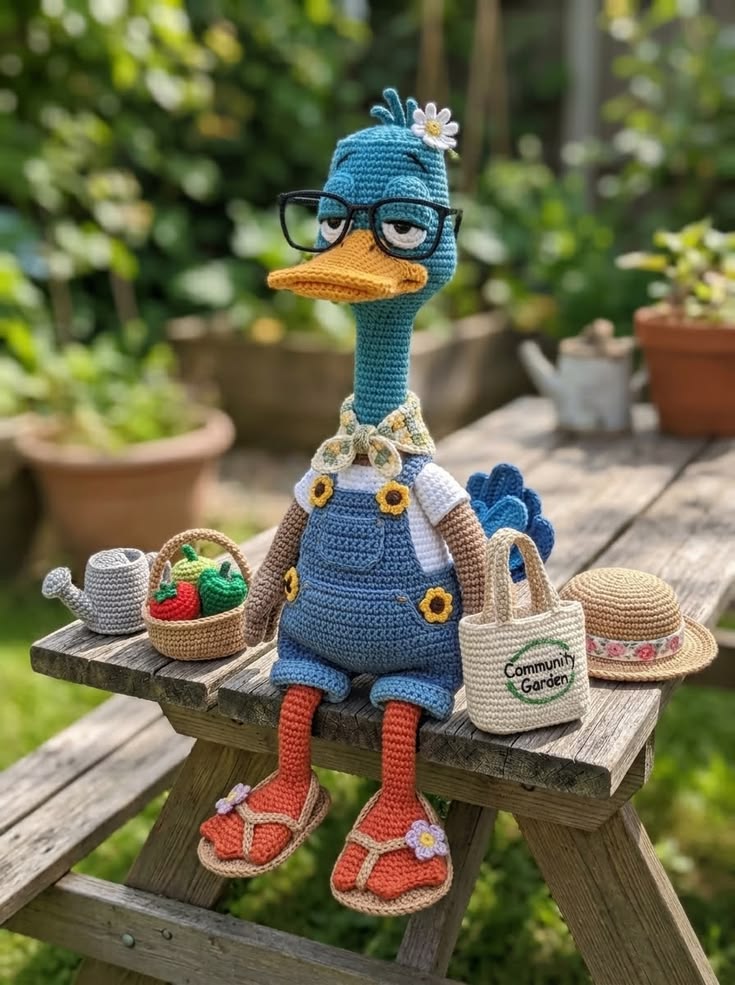 Road Runner Community Gardener in Blue Overalls with Glasses and Market Bag Free Crochet Pattern