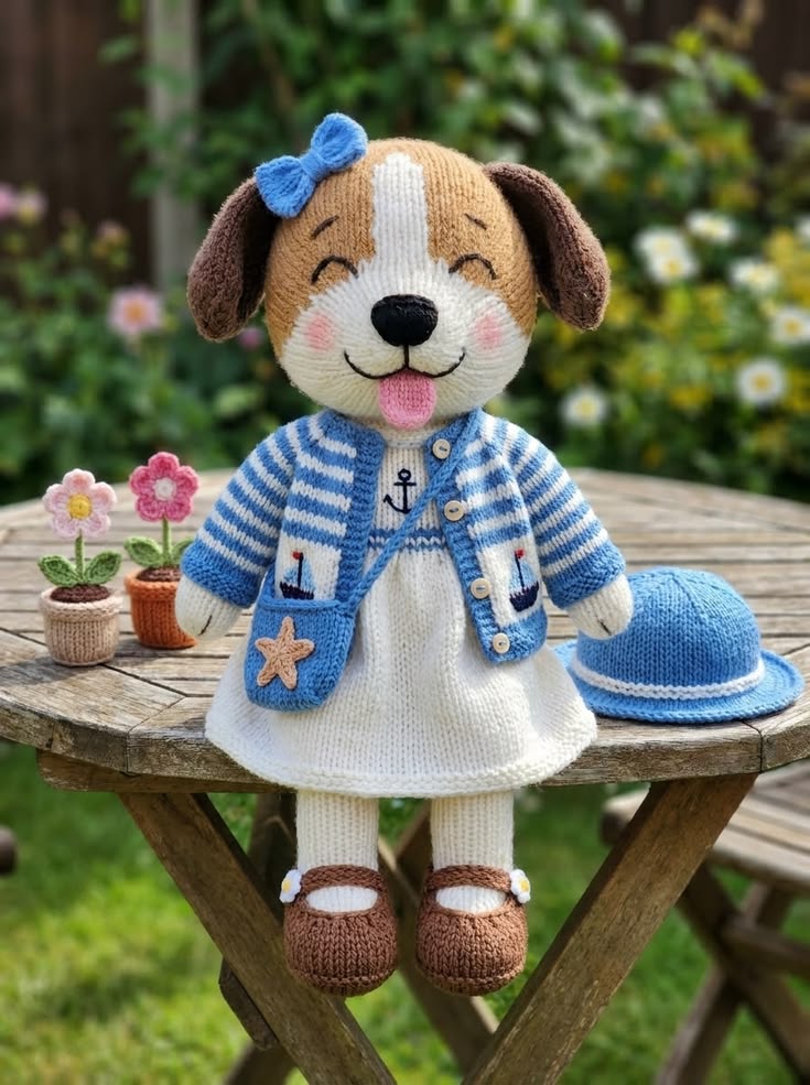 Sailor Puppy in Striped Cardigan and White Dress Free Knitting Pattern