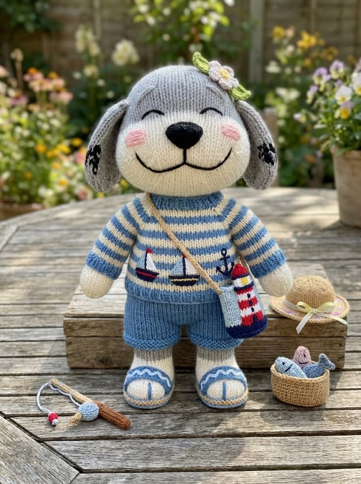 Seaside Puppy in Nautical Sweater and Lighthouse Bag Free Knitting Pattern