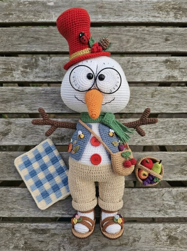 Snowman Gardener in Red Top Hat with Glasses and Harvest Basket Free Crochet Pattern
