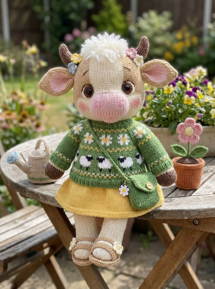 Spring Cow in Sheep Sweater and Yellow Skirt Free Knitting Pattern