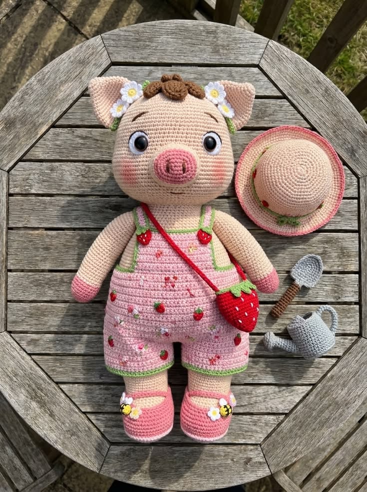 Strawberry Pig Gardener Doll Free Crochet Pattern