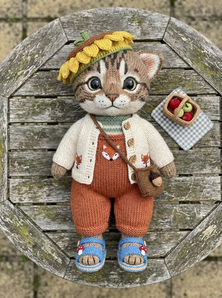 Tabby Cat in Fox Patch Overalls and Sunflower Hat Free Knitting Pattern