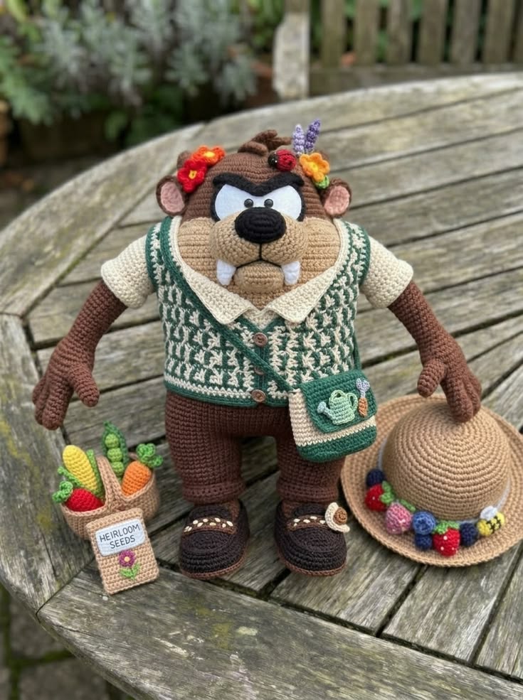 Taz Woodland Gardener in Fair Isle Vest with Flower Hat and Seed Bag Free Crochet Pattern