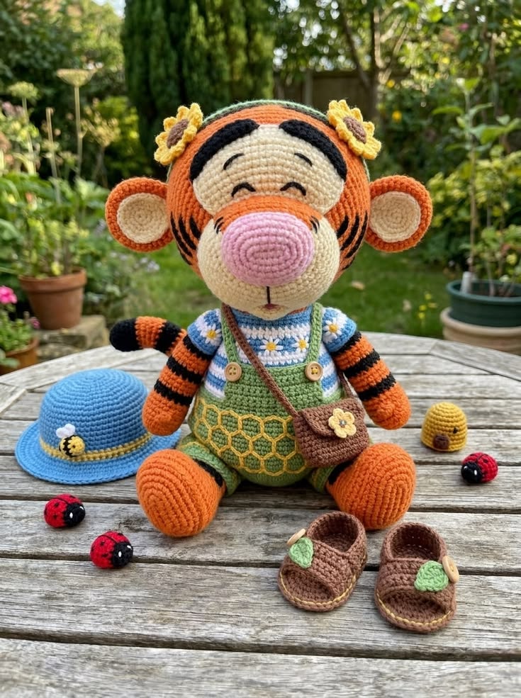 Tigger in Garden Overalls with Sunflower Headband Free Crochet Pattern