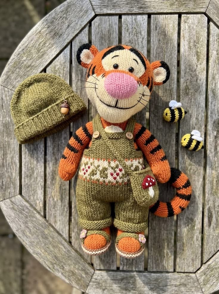 Tigger in Woodland Overalls with Honey Bee Accessories Free Knitting Pattern