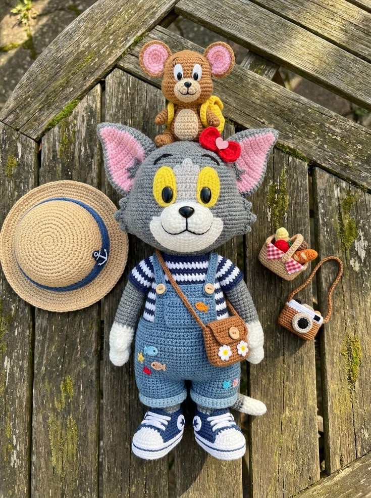 Tom and Jerry in Summer Overalls with Picnic Accessories Free Crochet Pattern