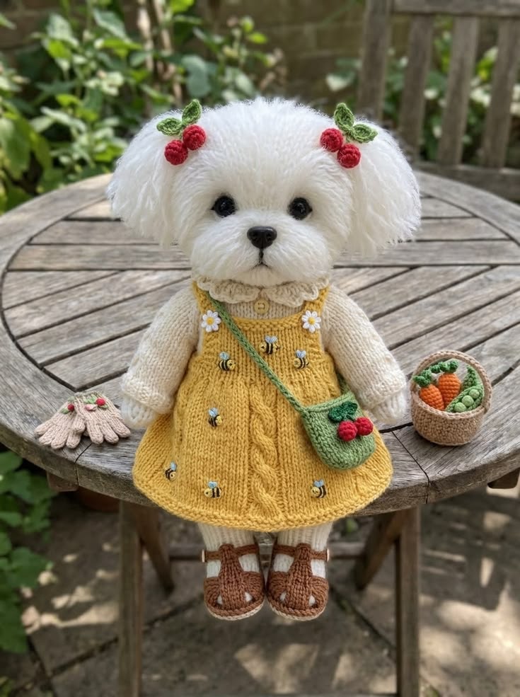 White Maltese Puppy in Yellow Bee Dress Free Knitting Pattern