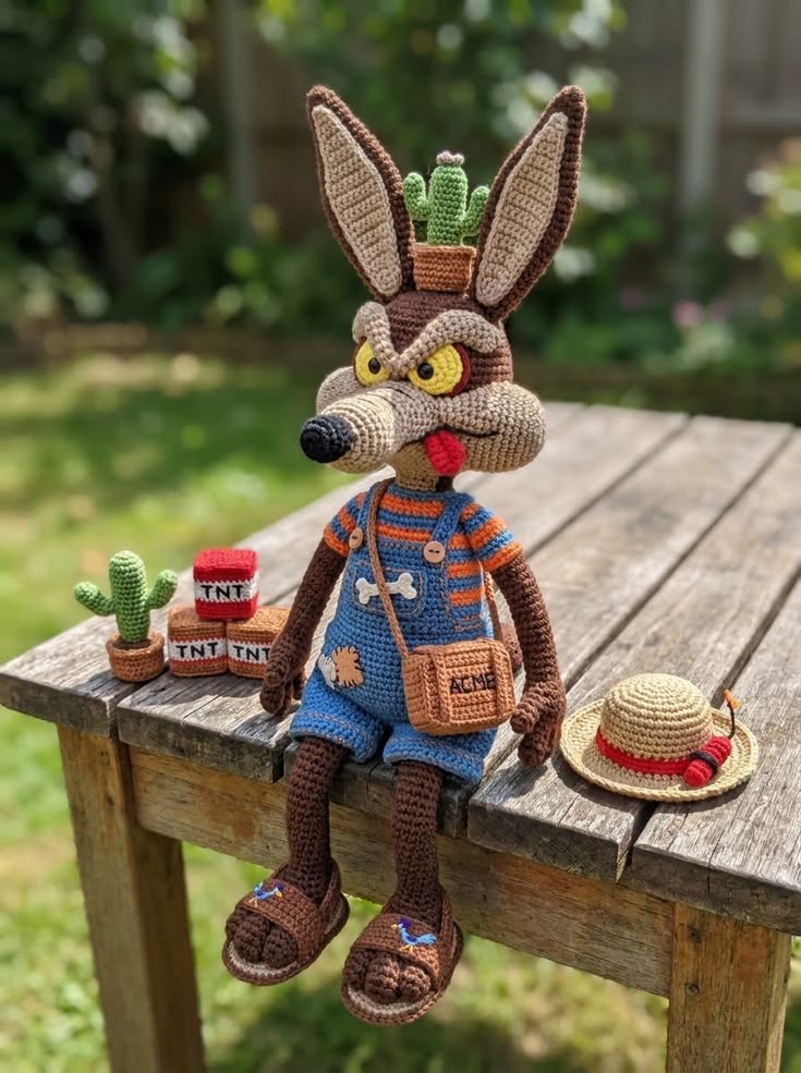 Wile E. Coyote in ACME Garden Overalls Free Crochet Pattern