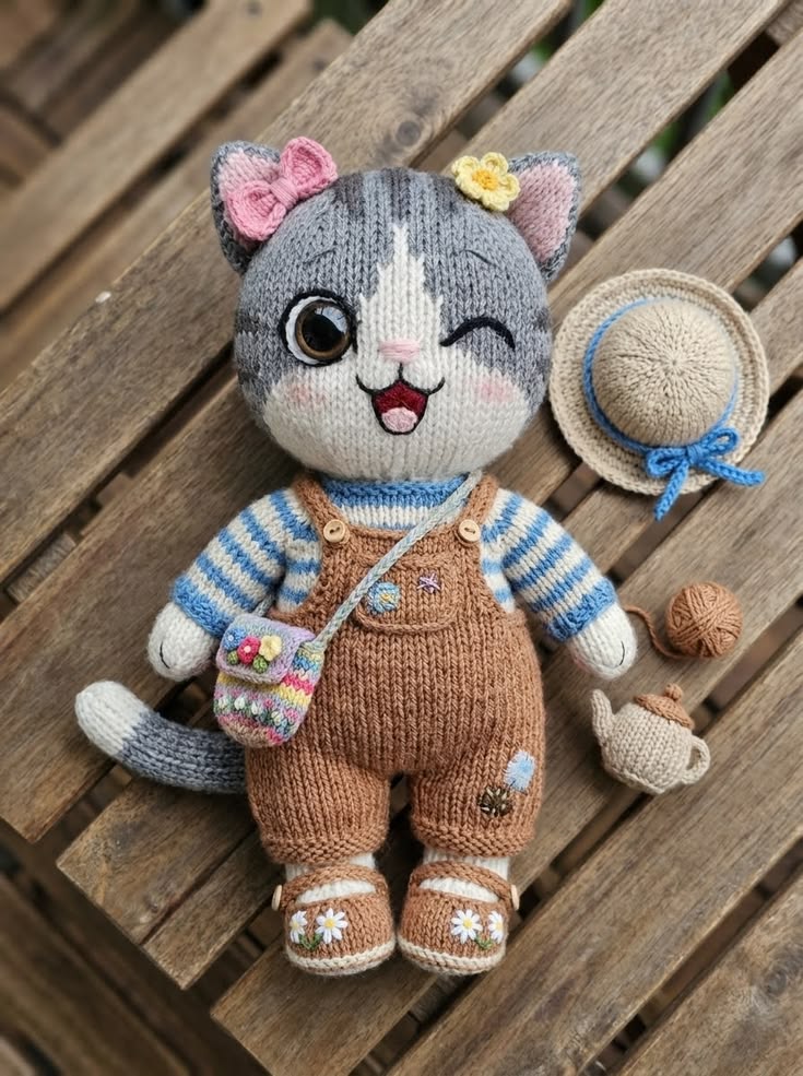 Winking Garden Kitten in Brown Overalls and Striped Sweater Free Knitting Pattern
