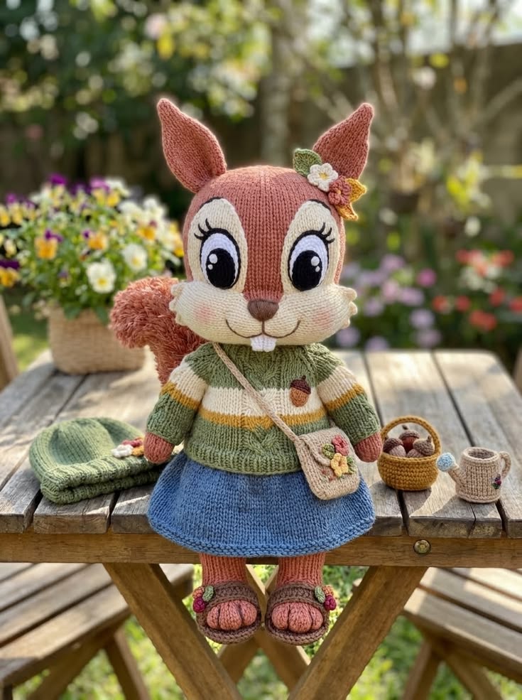 Woodland Squirrel in Striped Sweater and Blue Skirt Free Knitting Pattern