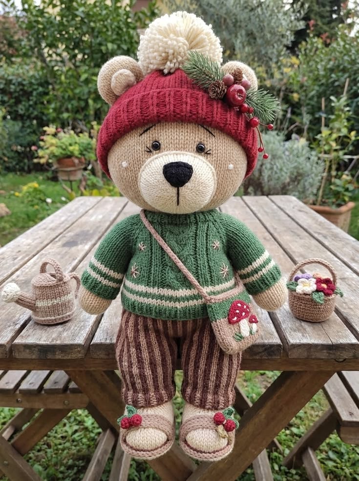 Woodland Teddy Bear in Red Pom-Pom Beanie and Mushroom Bag Free Knitting Pattern