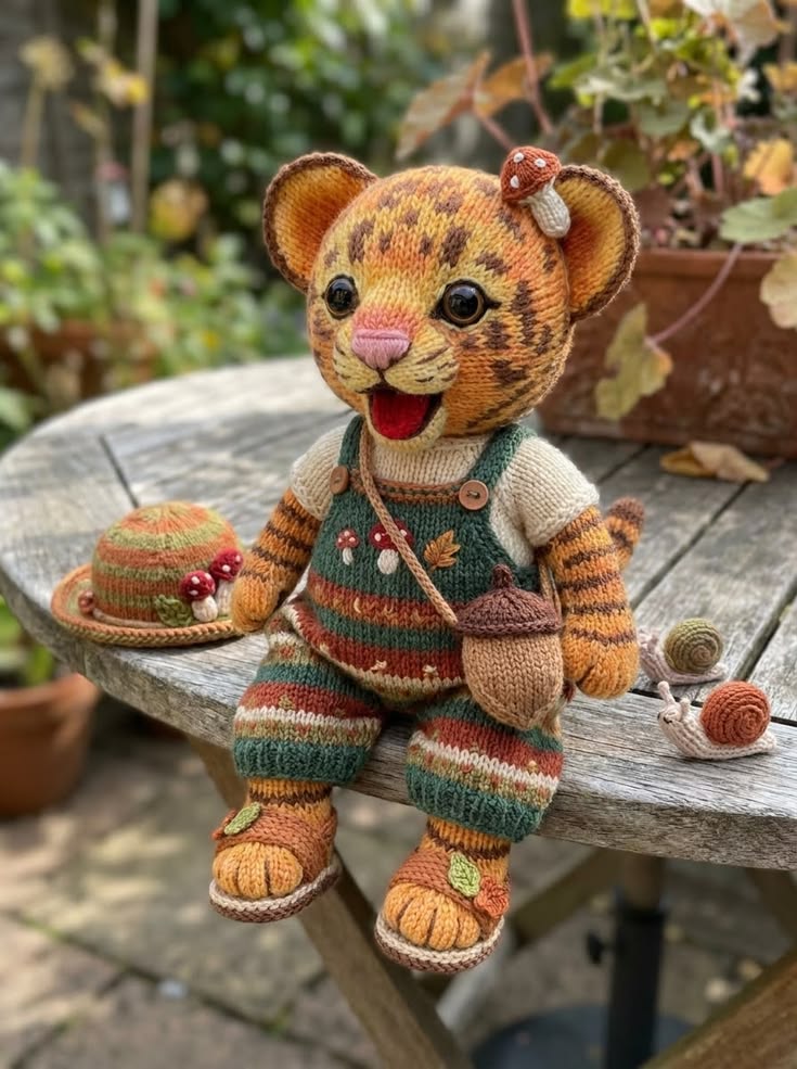 Woodland Tiger Cub in Mushroom Overalls Free Knitting Pattern
