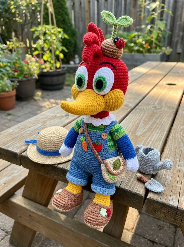 Woody Woodpecker Garden Farmer in Blue Overalls Free Crochet Pattern