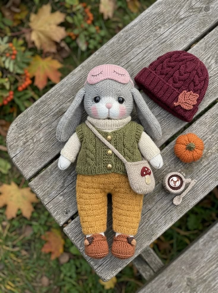 Autumn Bunny in Cable Vest with Sleep Mask and Pumpkin Free Knitting Pattern
