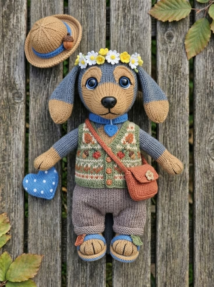Autumn Dachshund in Floral Fair Isle Vest with Flower Crown and Acorn Hat Free Knitting Pattern
