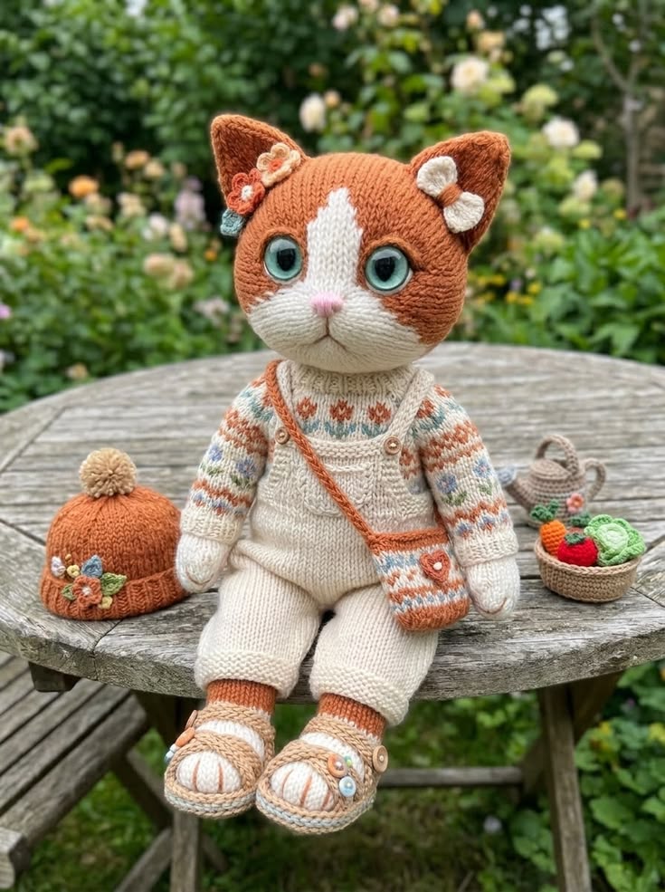 Autumn Garden Kitten in Fair Isle Sweater with Cream Overalls Free Knitting Pattern