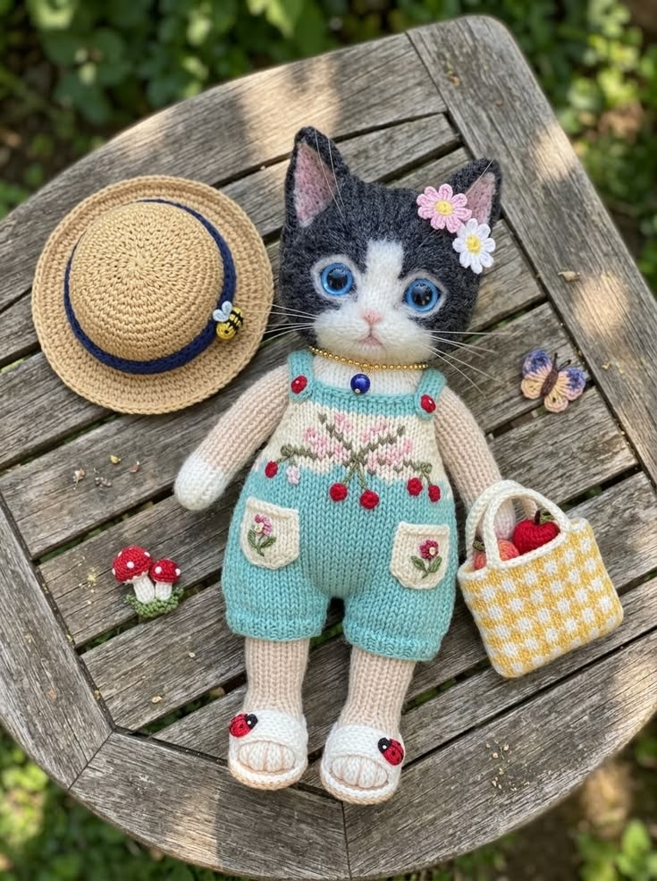 Black and White Garden Kitten in Blue Floral Overalls Free Knitting Pattern