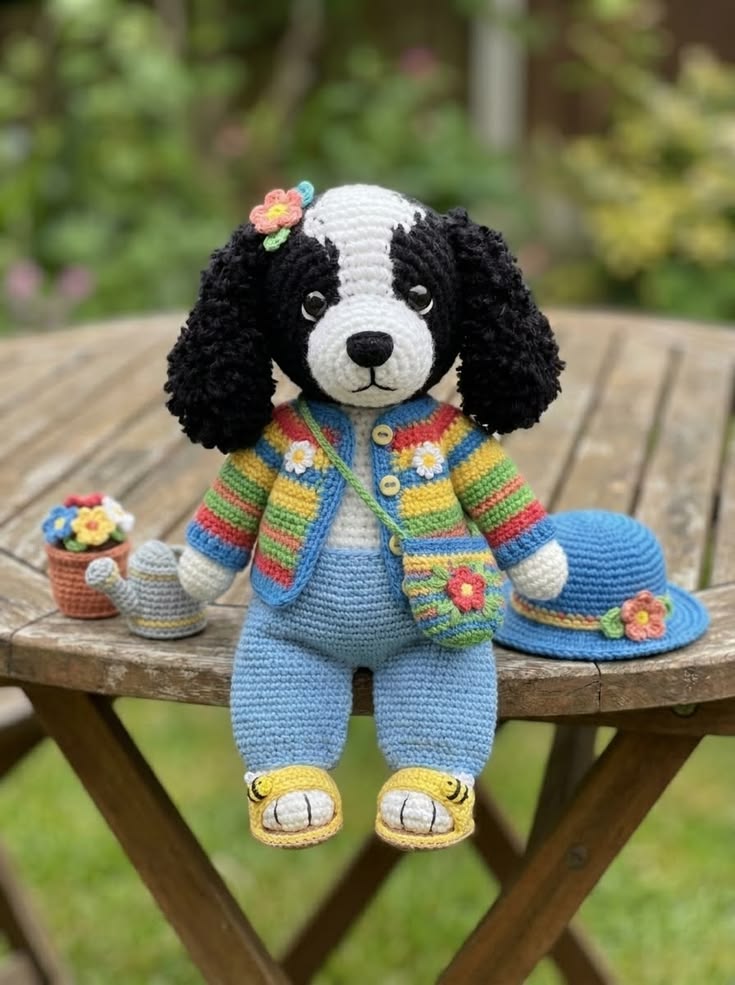 Black-and-White Puppy in Rainbow Cardigan with Blue Overalls and Flower Hat Free Crochet Pattern