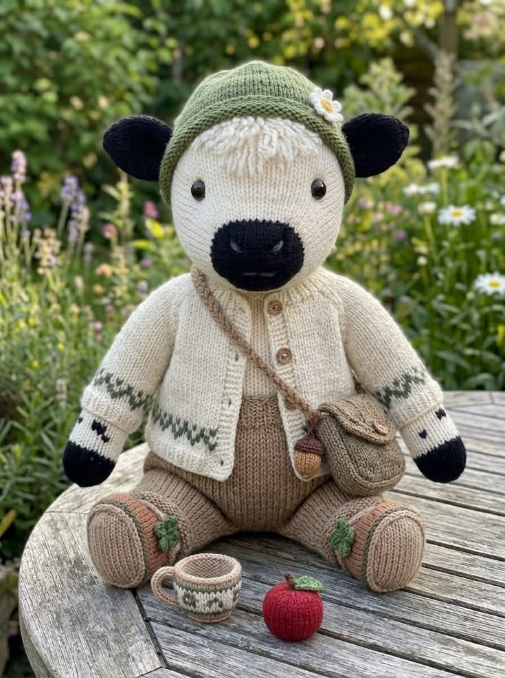 Woodland Cow in Cream Cardigan with Acorn Satchel and Green Garden Hat Free Knitting Pattern