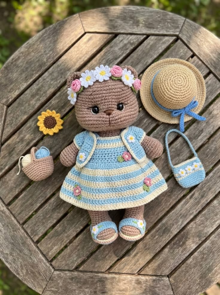 Blue Summer Bear Doll with Flower Crown and Straw Hat Pattern Guide