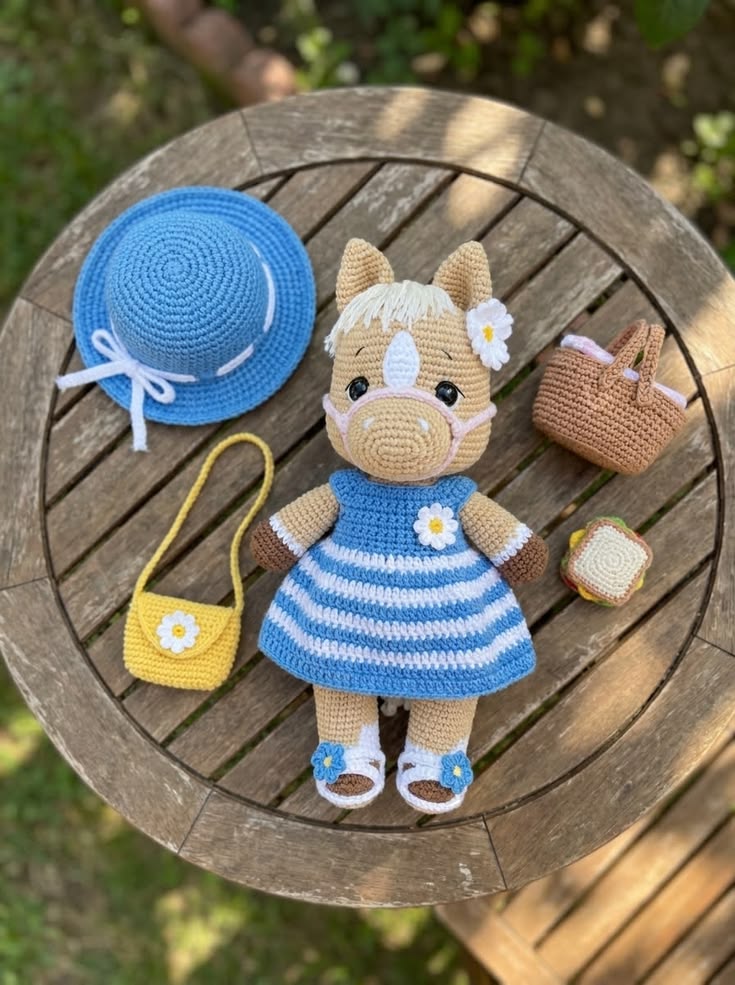 Blue Summer Pony Girl with Daisy Dress and Picnic Accessories Pattern Guide