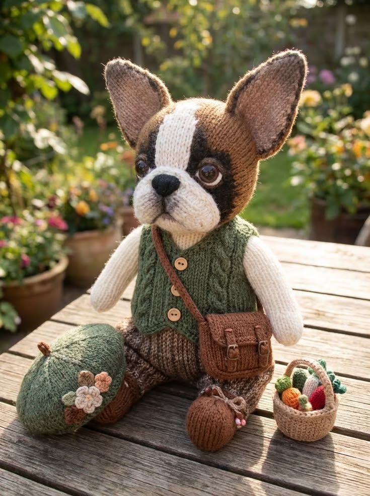 Boston Terrier Gardener in Green Cable Vest with Acorn Pouch and Harvest Basket Free Knitting Pattern